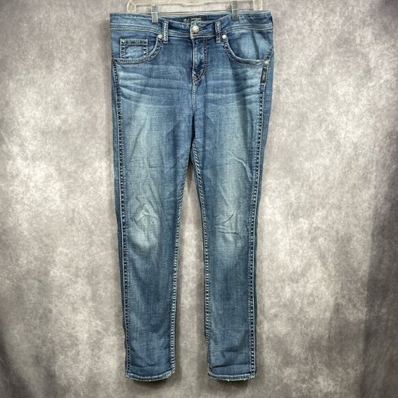 Silver Jeans Casy Boyfriend Womens W32 L31 Blue Thick Stick Embroidered READ - Picture 1 of 15